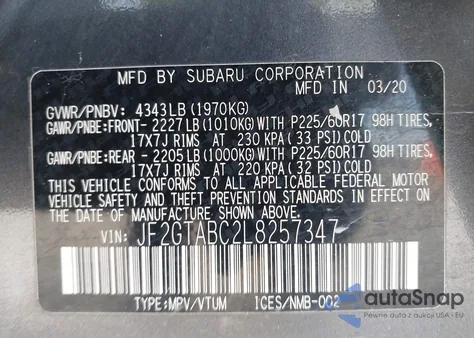 2020 Subaru Crosstrek z USA, uszkodzony, nr VIN JF2GTABC2L8257347